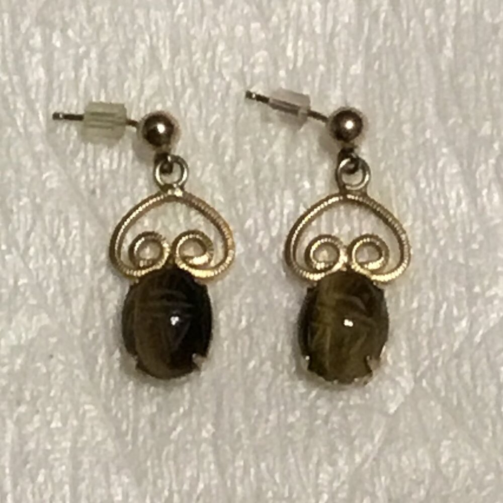 Vintage & signed Burt Cassell 12K gold filled tiger eye scarab earrings